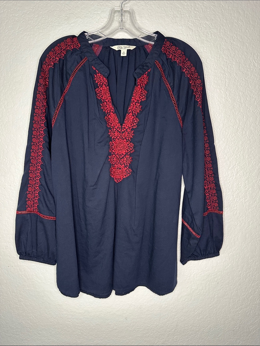 The Pioneer Woman Navy Long Sleeve Peasant Blouse with Red Embroidery 1X